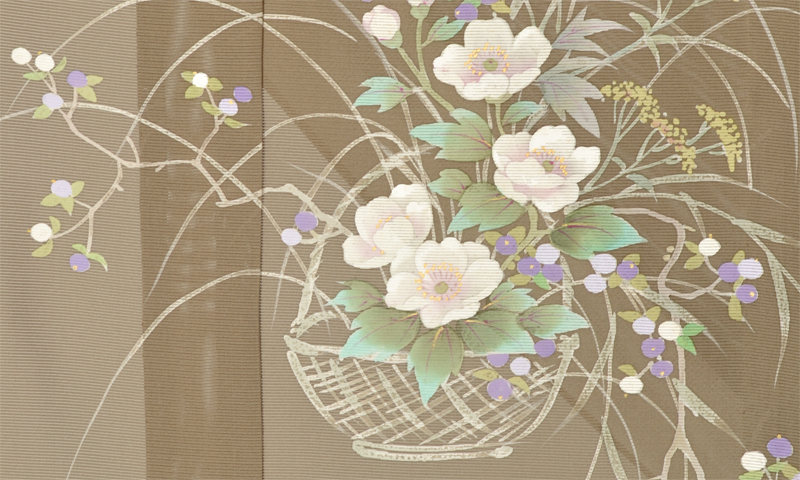 絽訪問着(茶色・花かご)