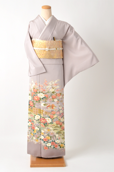 色留袖[竜胆（りんどう）色・四季花におしどり]