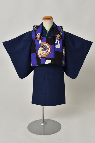 1歳被布セット［被布：市松・長着：紺色］