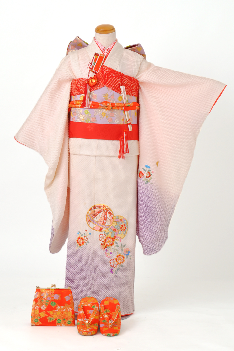 七歳祝着(白に紫のボカシ地(総絞り)・花とてまり・正絹)