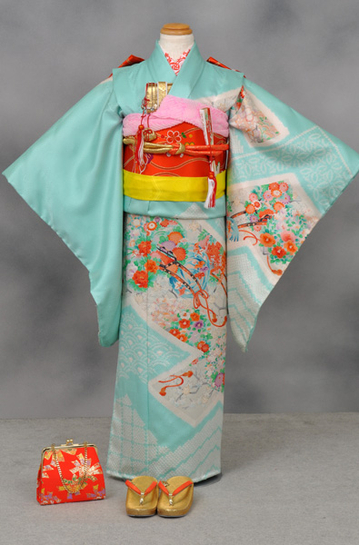 七歳祝着(ミントブルー地・花車・正絹)