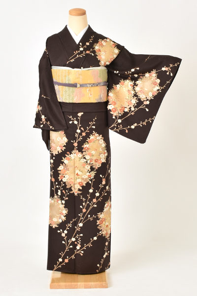 訪問着[濃茶・ゴールドに梅]