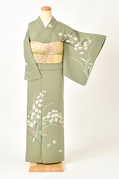 訪問着[灰緑・草花文様]