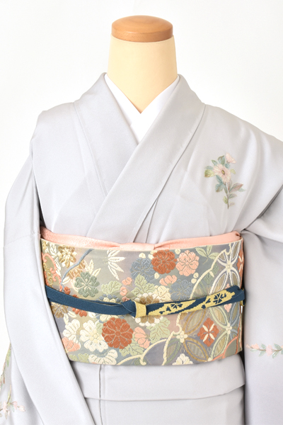 訪問着[グレー・扇面松刺繍]