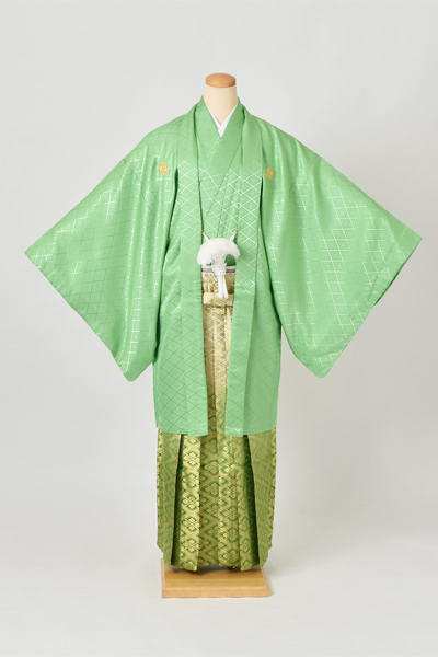 紋付袴[黄緑紋付・袴花菱]