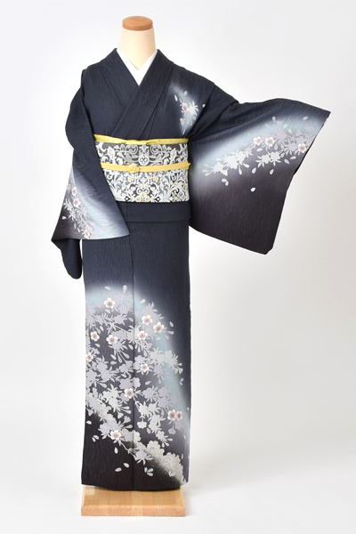 単衣_訪問着[紺色・桜]