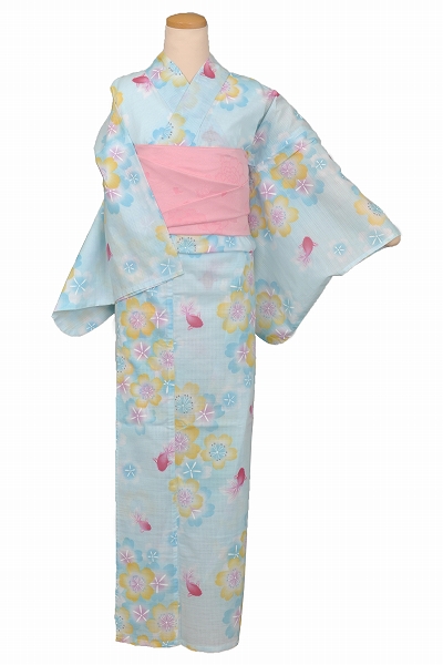 ゆかた(水色地・金魚、花模様)