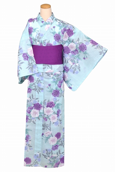 ゆかた(水色地、ラメ・花々)