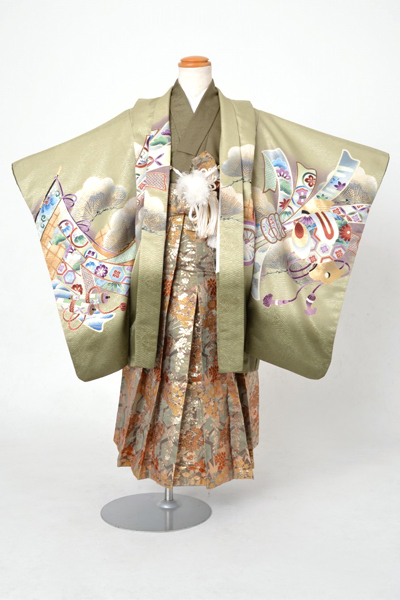 5歳祝着[緑色・鷹、束ね熨斗]