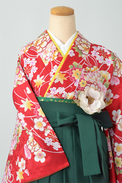 卒業袴(赤くす玉中振袖・バラ刺繍緑の袴)