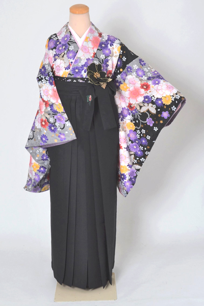 卒業袴［グレー地の花と蝶模様］