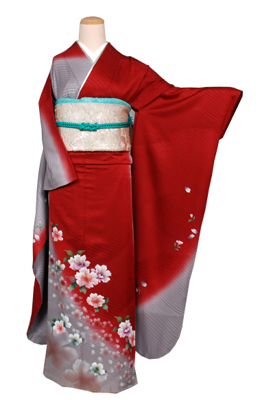 単衣振袖［赤地の花模様］