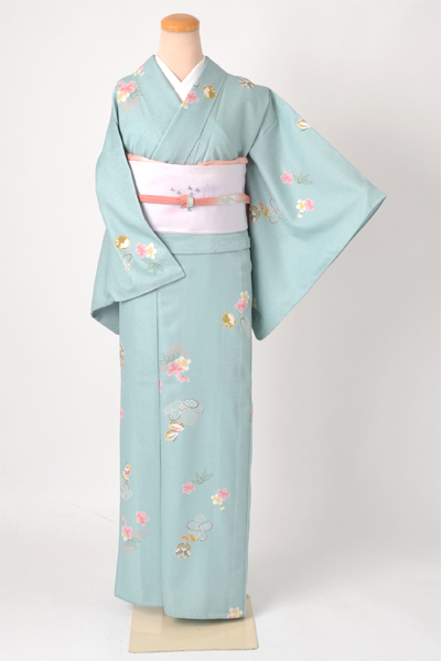 単衣小紋［水色の花と手毬模様］