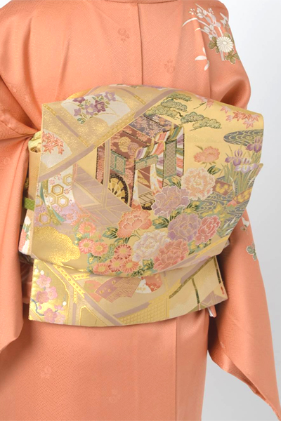単衣訪問着［朱色地の花篭模様］
