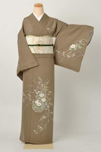 絽訪問着(茶色・花かご)