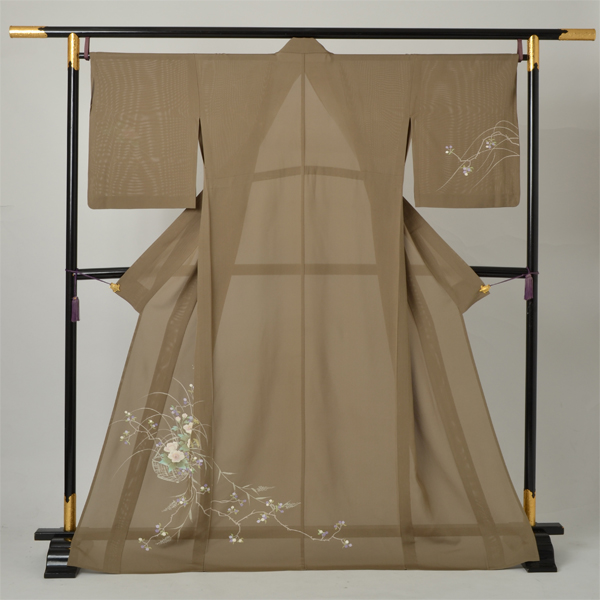 絽訪問着(茶色・花かご)