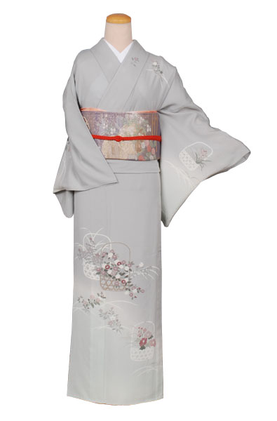 絽縮緬訪問着(グレー・花篭)