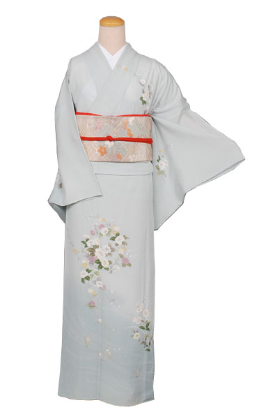 絽訪問着(白藍色・花)