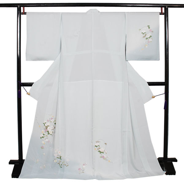 絽訪問着(白藍色・花)