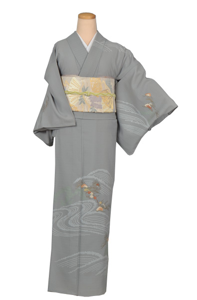 絽縮緬訪問着(化繊・グレー・波)