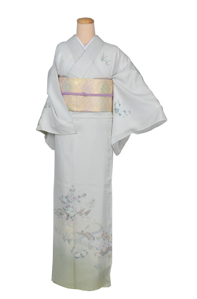 絽訪問着(化繊・淡ペパーミントグリーン・菊)