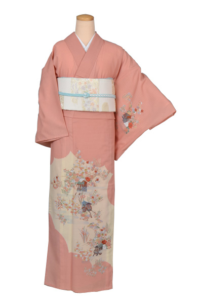 絽縮緬訪問着(化繊・サーモンピンク・花車)