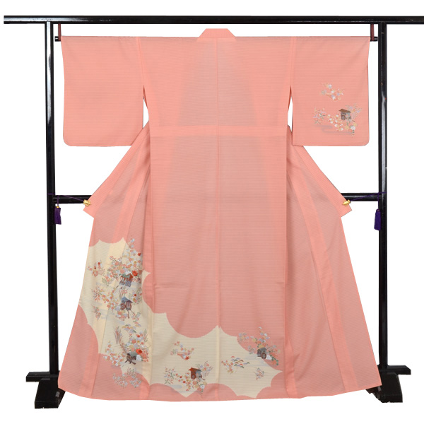 絽縮緬訪問着(化繊・サーモンピンク・花車)