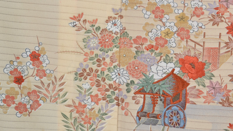 絽縮緬訪問着(化繊・サーモンピンク・花車)