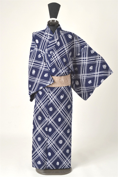 浴衣［169〜179ｃｍ］藍地の斜め格子
