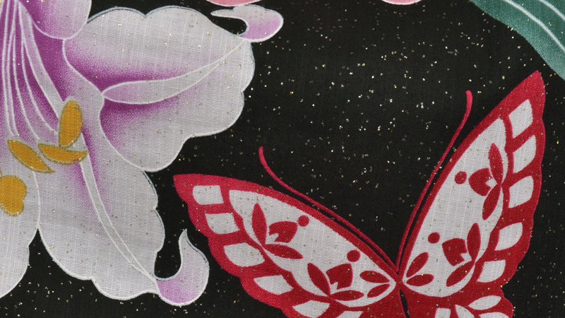 ゆかた(黒地ラメ入り・花・蝶)
