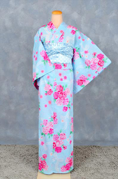 浴衣(薔薇・水色兵児帯)