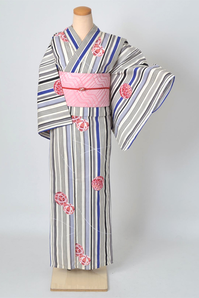 浴衣［bonheur　saisons・白地に縞、手毬模様　］