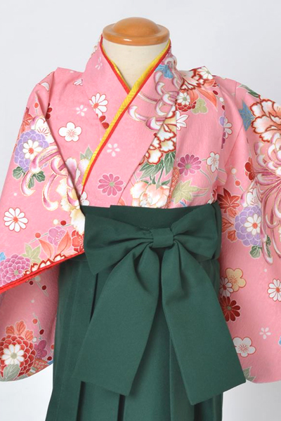 一才女児 袴セット ピンク地花柄長着に緑の袴 着物レンタルあき 来店着付け無料 全国配送無料