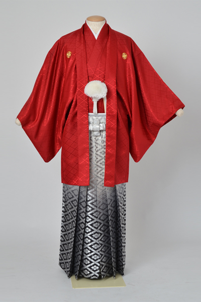 男物紋付・羽織(赤紋付・シルバー袴)