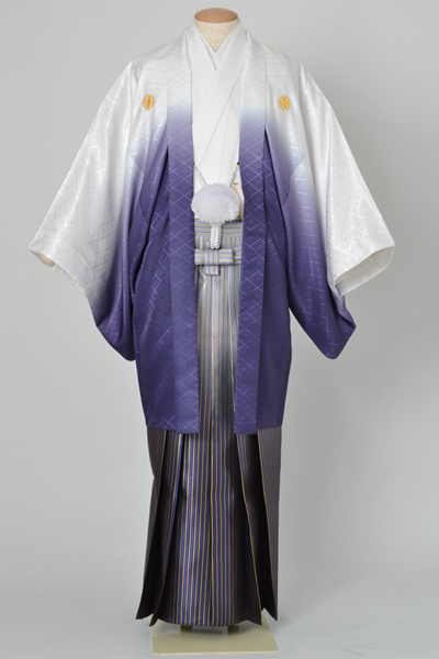 男物紋付・羽織(白紫ぼかし・紫グラデェーション袴)