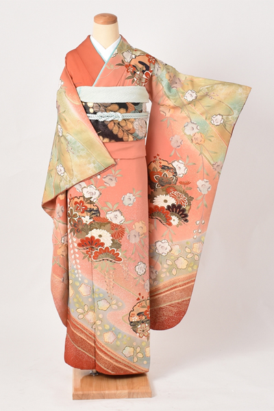 振袖 サーモンピンク 雪輪 花 着物レンタルあき 来店着付け無料 全国配送無料 振袖 サーモンピンク 雪輪 花 着物レンタルあき 来店着付け無料 全国配送無料
